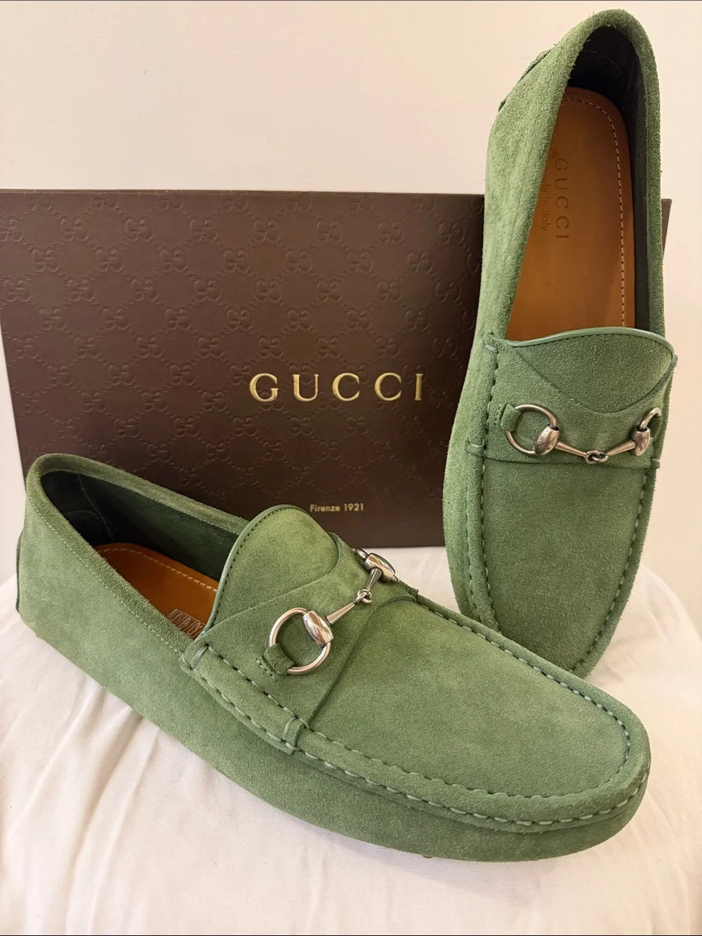 Gucci Green Suede Horsebit Loafers for Men
